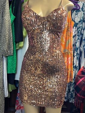 Fashionova Sequin Slip Mini Dress in Rose Gold - Women